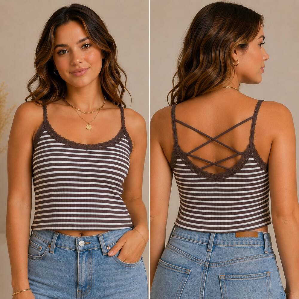 American Eagle Brown Stripe Lace Trim Cami Tank Coquette Indie Sleaze Y2K XL